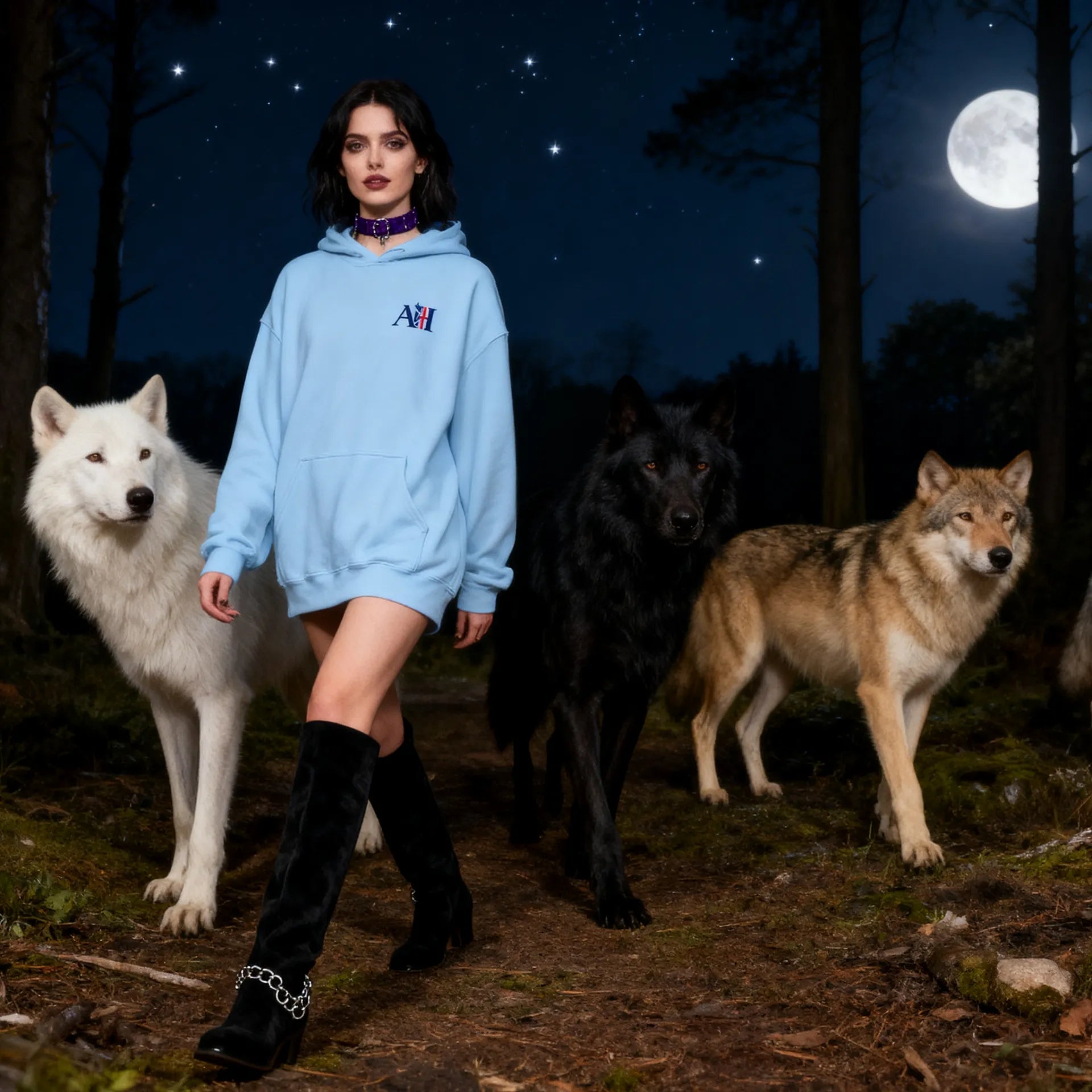 Woman in a blue hoodie standing in a forest with three wolves under a moonlit sky.