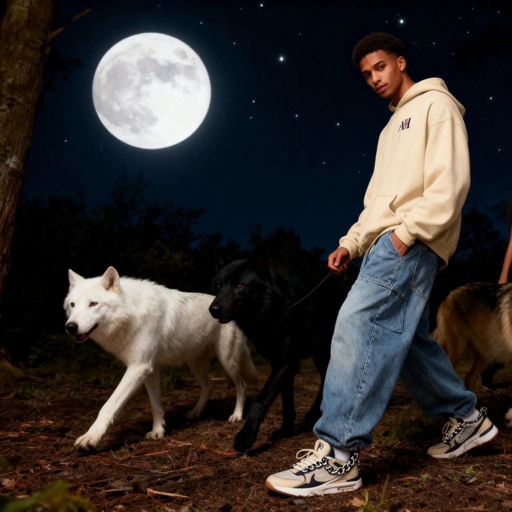 Person walking with two wolves under a full moon in a forest setting