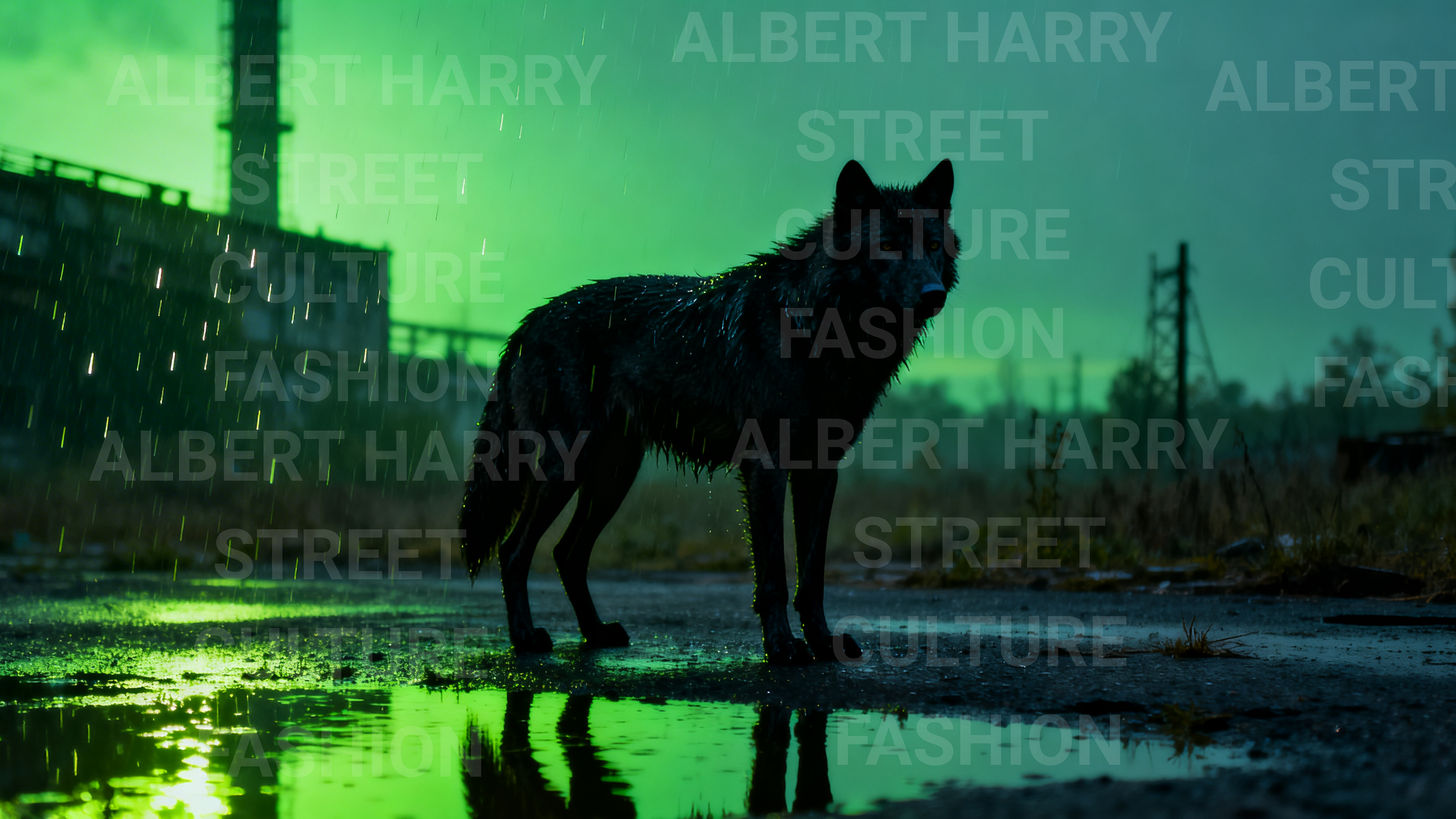 Silhouette of a wolf standing in water with a greenish hue and 'Albert Harry Street' branding.