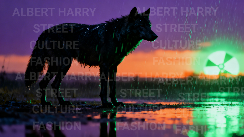 Wolf silhouette at sunset with colorful reflection on water, 'Albert Harry' branding.