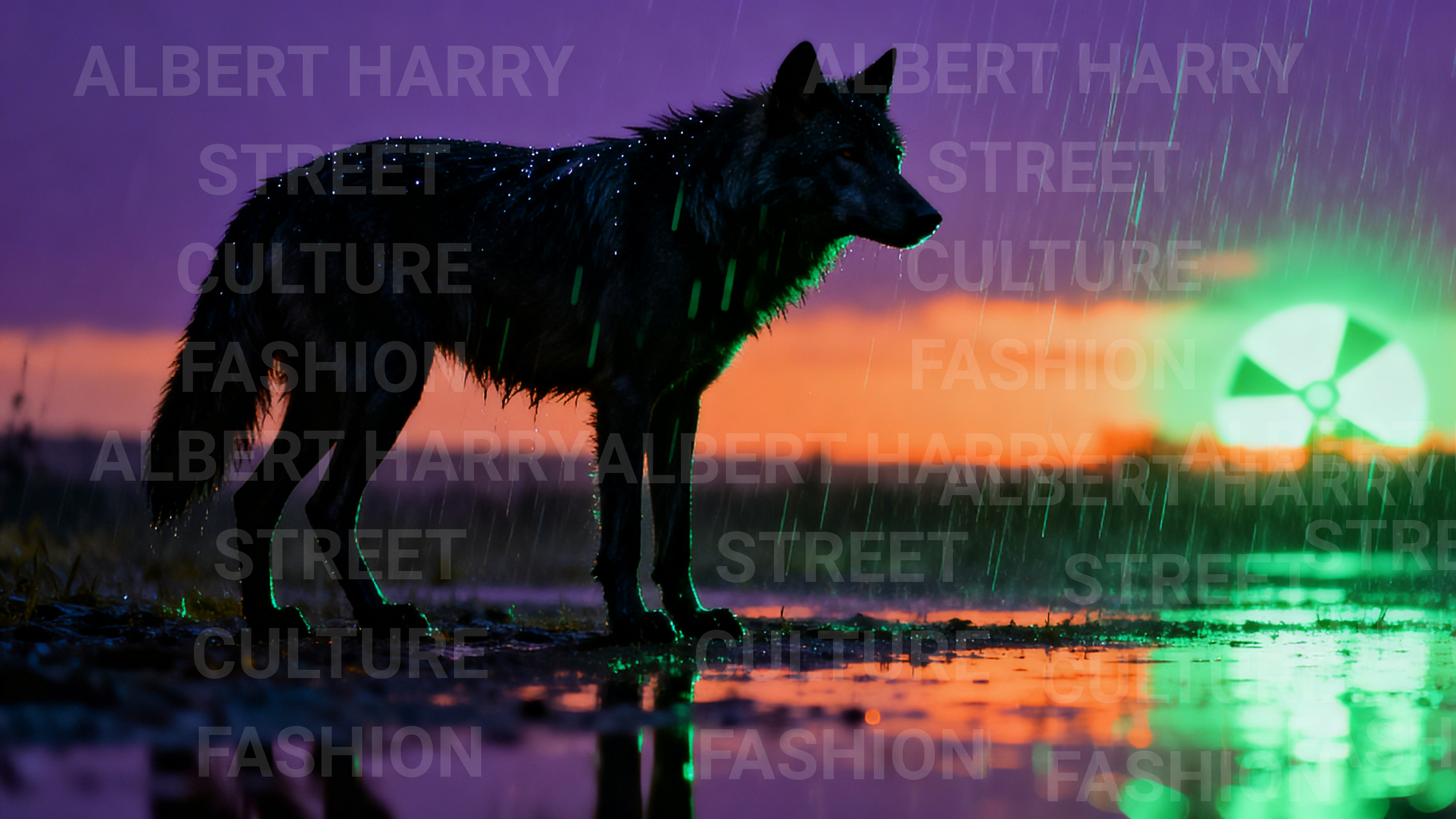 Wolf silhouette at sunset with colorful reflection on water, 'Albert Harry' branding.