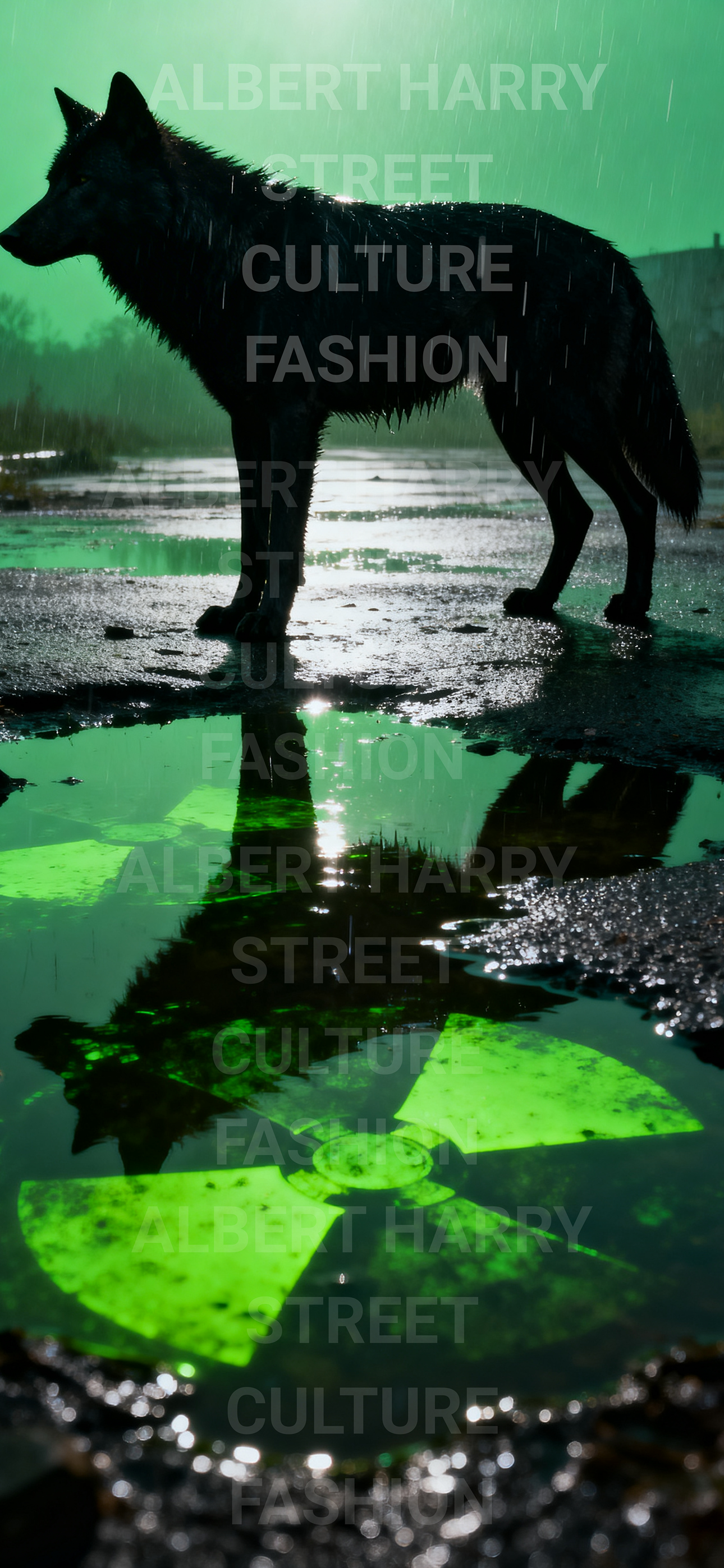 Wolf reflection in water with 'Albert Harry Street Culture Fashion' text overlay