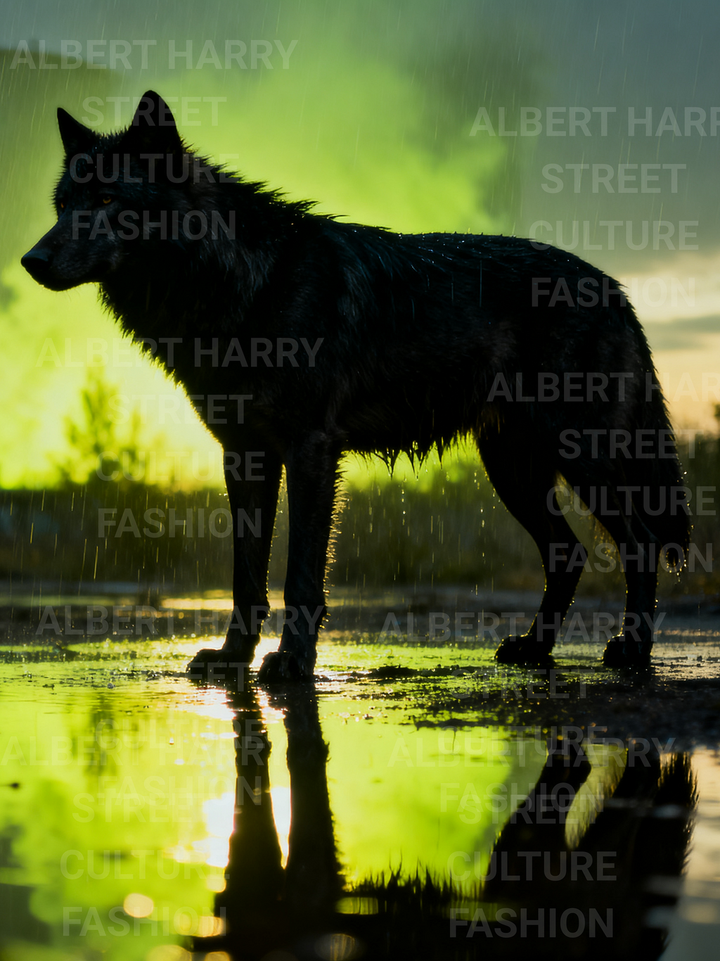 Silhouette of a wolf standing in water with a greenish hue
