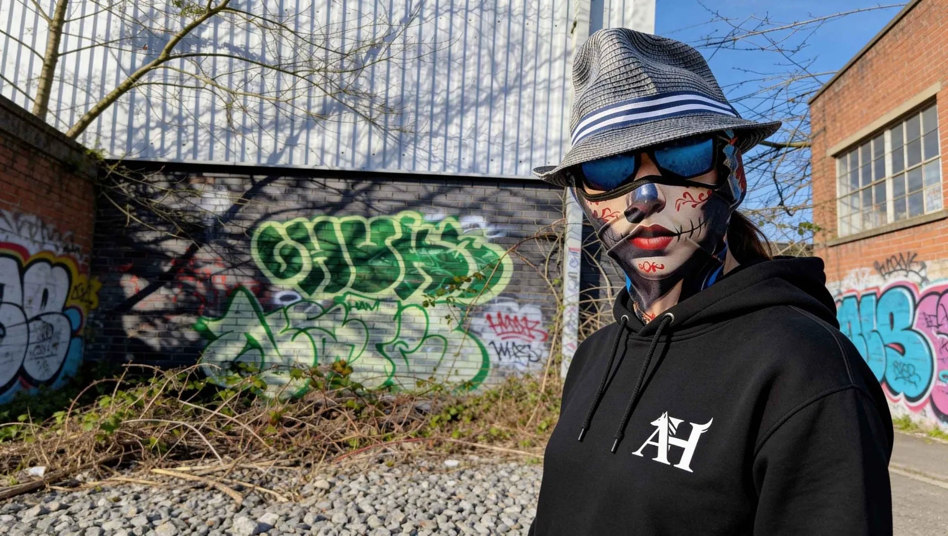 Albert Harry AH Minimal Dire Wolf Clan Royal Seal black organic unisex hoodie — Sun & Spirit Walkers and black wolf photographed on Manchester graffiti walls 2026