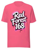 Pink t-shirt with 'Red Forest 168' text design on a white background