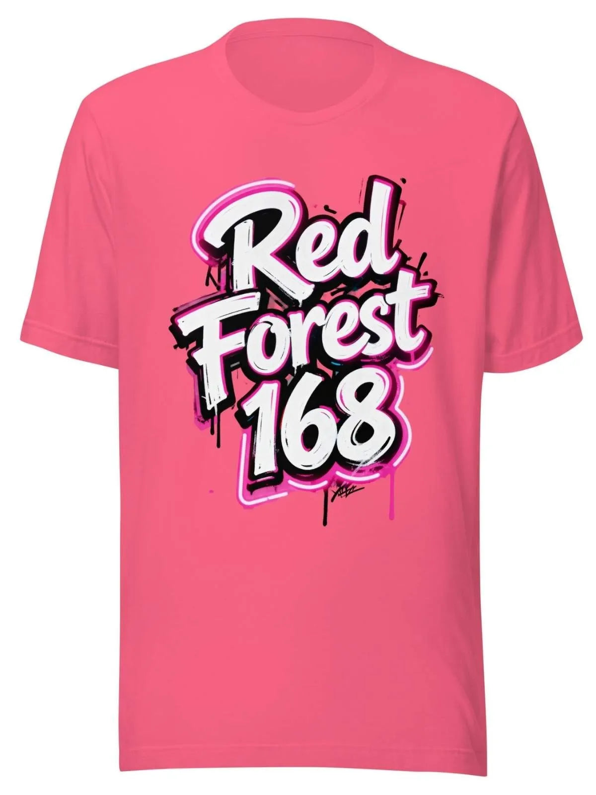 Pink t-shirt with 'Red Forest 168' text design on a white background