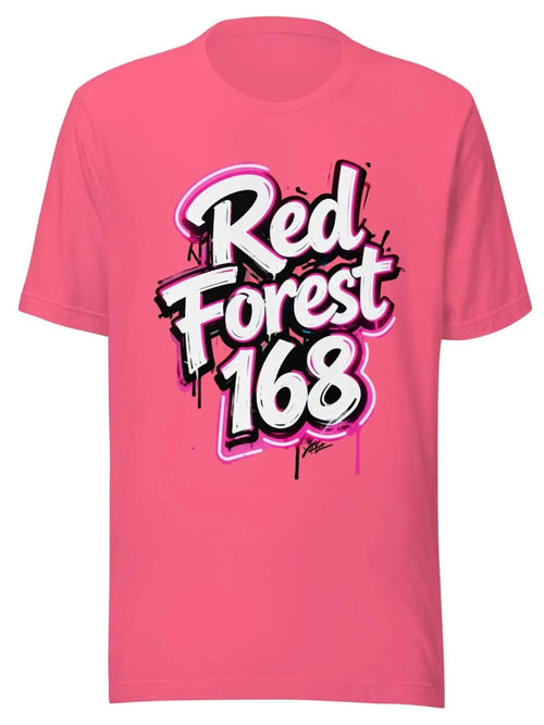 Pink t-shirt with 'Red Forest 168' text design on a white background