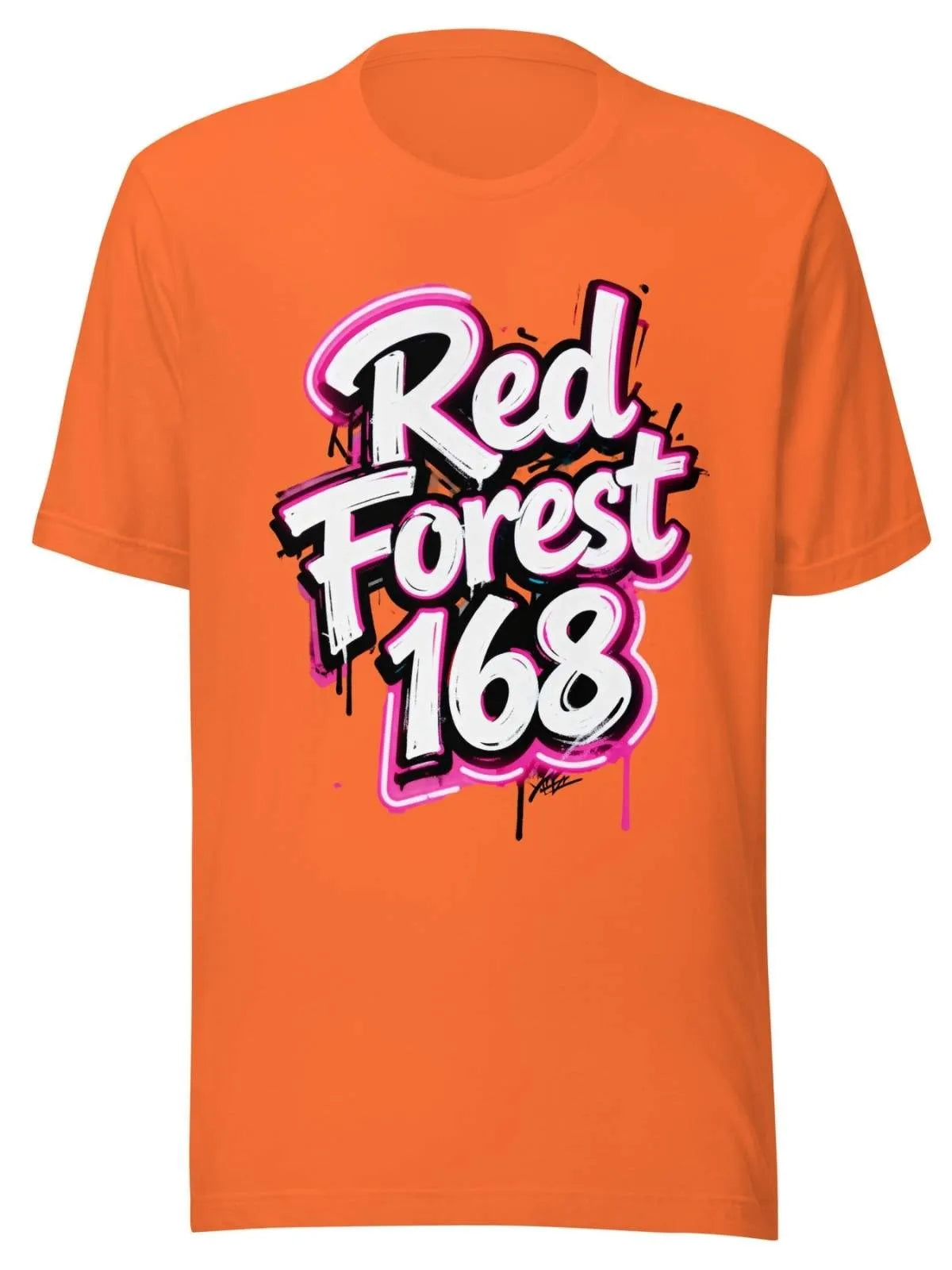 Orange t-shirt with 'Red Forest 168' text design on a white background