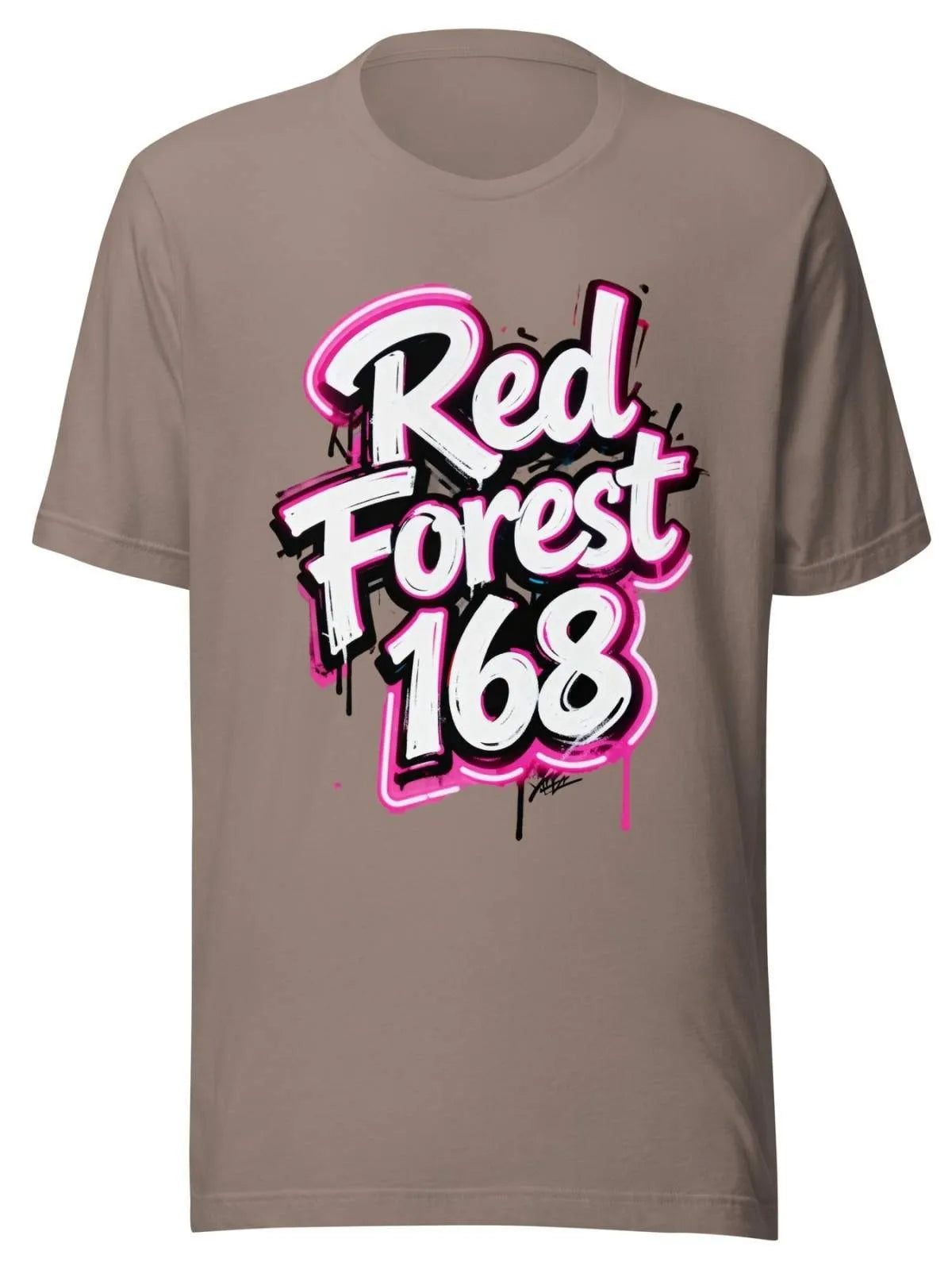 Pebble t-shirt with 'Red Forest 168' text design on a white background