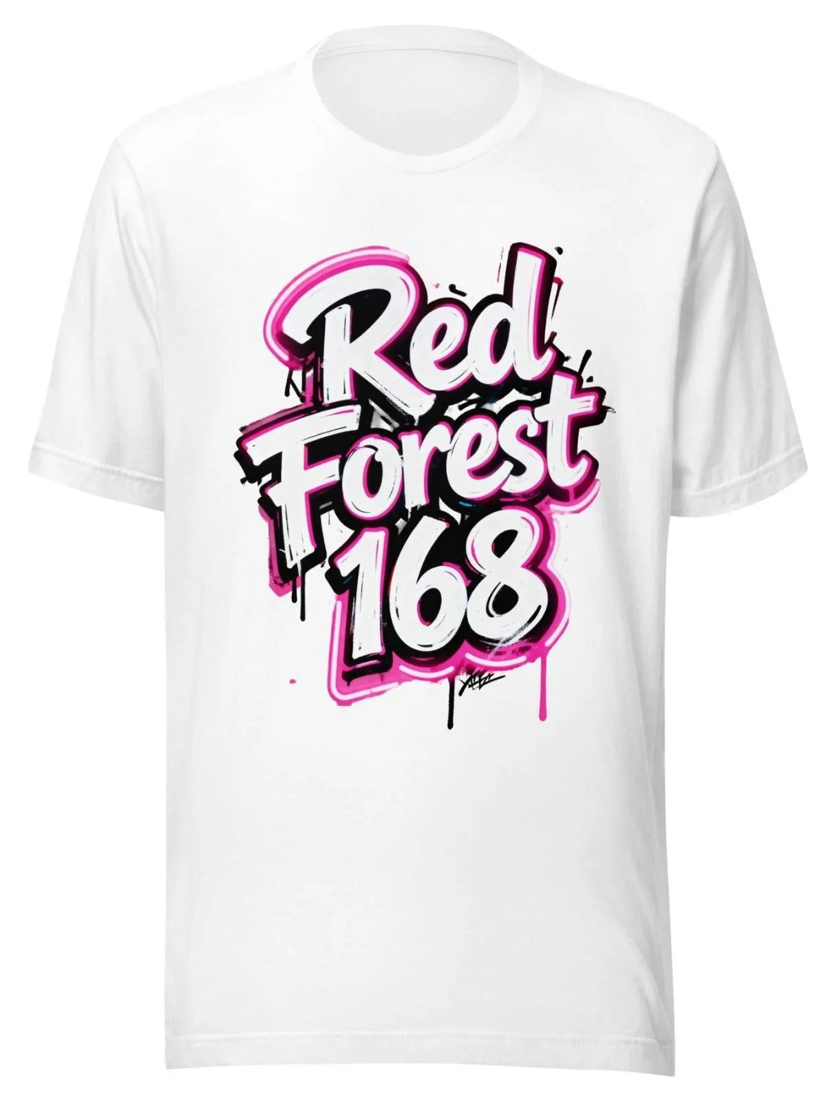 White t-shirt with 'Red Forest 168' text design on a white background
